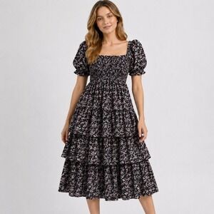 English Factory Women M Midi Dress Smocked Tiered Floral Black Puff Sleeve NWOT
